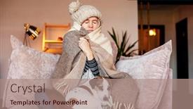  Presentation with struggle - PPT layouts featuring unwell-woman-in-blanket-sit background and a coral colored foreground