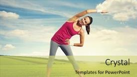  Presentation with cheerful - Colorful presentation design enhanced with wram up - cheerful young woman doing warm-up backdrop and a yellow colored foreground