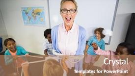  Presentation with school elementary - PPT theme enhanced with tie up - students tying up a teacher background and a coral colored foreground