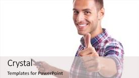  Presentation with young man on the phone - Beautiful PPT layouts featuring up and holding a marker backdrop and a light gray colored foreground
