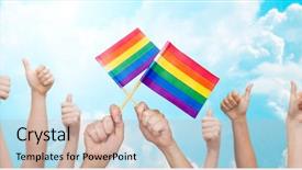  Presentation with gay pride - Beautiful PPT layouts featuring up and holding rainbow flags backdrop and a soft green colored foreground