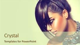  Presentation with haircut - Amazing PPT theme having up arrow - fringe hairstyle fashion beauty girl backdrop and a soft green colored foreground