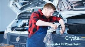  Presentation with car engine - Slide set featuring man in blue overalls using background and a ocean colored foreground