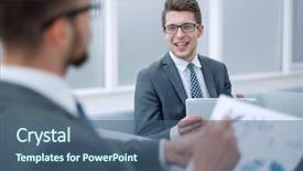  Presentation with financial - Beautiful slide set featuring up businessman discussing financial performance backdrop and a ocean colored foreground