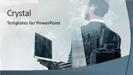  Presentation with laptop - Slide deck featuring up cloud - businessman looking up holding laptop background and a light gray colored foreground