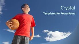  Presentation with teenage - PPT theme having up cloud - teenage boy holding football background and a ocean colored foreground