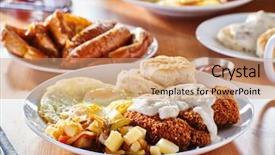  Presentation with fried foods - Colorful slide set enhanced with up eggs and breakfast food backdrop and a coral colored foreground