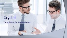  Presentation with employees - Presentation theme with up employees discussing new information background and a sky blue colored foreground