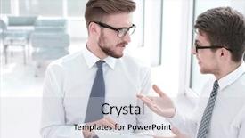  Presentation with employees - PPT theme having up employees discussing new information background and a lemonade colored foreground