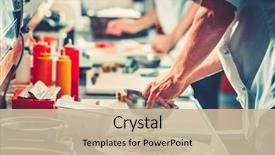  Presentation with snack food - Presentation design featuring up interior of modern restaurant background and a soft green colored foreground