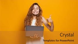  Presentation with cheerful stylish city girl using - Slide set consisting of young girl holding laptop computer background and a gold colored foreground