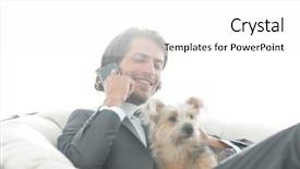  Presentation with phone - PPT theme enhanced with up of a businessman talking background and a white colored foreground