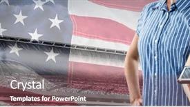  Presentation with hands holding black tablet - Slide deck with up of an american flag background and a violet colored foreground