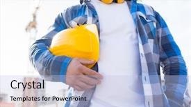  Presentation with building construction - Presentation design having up of builder holding yellow background and a light blue colored foreground