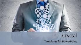  Presentation with gear - Cool new PPT theme with up of businessman holding gear backdrop and a light blue colored foreground