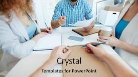  Presentation with meeting table - Slide set featuring up of busy colleagues lead background and a coral colored foreground