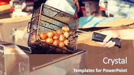  Presentation with market food - PPT theme featuring up of cook frying meatball background and a violet colored foreground