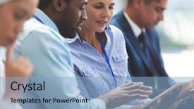  Presentation with diverse business people - Amazing PPT layouts having business people discussing over digital backdrop and a light blue colored foreground