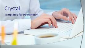  Presentation with laptop - Beautiful PPT theme featuring up of female hands typing backdrop and a light blue colored foreground