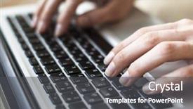  Presentation with hands of anonymous hackers typing - Cool new presentation theme with up of female hands typing backdrop and a dark gray colored foreground