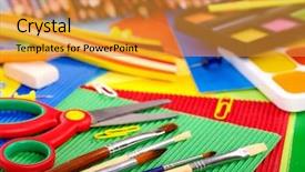  Presentation with art supplies - Presentation theme having paper pencil - close up of group art background and a yellow colored foreground