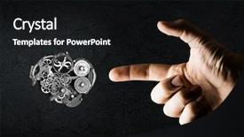  Presentation with black hand - Colorful presentation theme enhanced with up of hand and gears backdrop and a  colored foreground