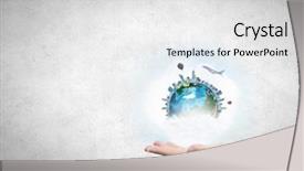  Presentation with hand holding earth - Cool new PPT theme with world geography - close up of hand holding backdrop and a light gray colored foreground