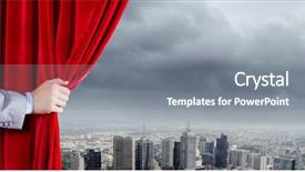  Presentation with red curtain - Slide deck having up of hand opening red background and a gray colored foreground