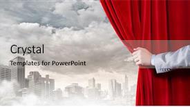  Presentation with red curtain - Beautiful slide set featuring up of hand opening red backdrop and a light gray colored foreground
