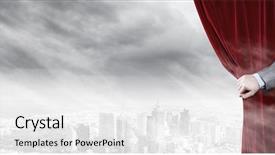  Presentation with red curtain - Cool new slides with up of hand opening red backdrop and a white colored foreground