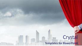  Presentation with red curtain - Slide set with up of hand opening red background and a sky blue colored foreground