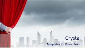  Presentation with red curtain - Presentation design enhanced with up of hand opening red background and a sky blue colored foreground