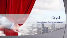  Presentation with red curtain - PPT theme having up of hand opening red background and a sky blue colored foreground