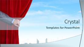  Presentation with red curtain - Amazing presentation design having up of hand opening red backdrop and a cool aqua colored foreground