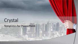  Presentation with curtain opening - Audience pleasing PPT theme consisting of up of hand opening red backdrop and a light gray colored foreground