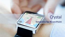 Presentation with smartwatch - Slide set with up of hands with map background and a sky blue colored foreground