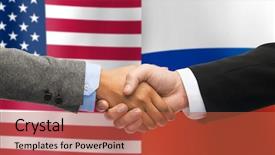  Presentation with russia america - Beautiful PPT theme featuring up of handshake over america backdrop and a red colored foreground