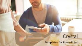  Presentation with pay restaurant bill bill bank - Beautiful slide deck featuring up of handsome man paying backdrop and a coral colored foreground