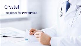  Presentation with writing - Amazing slide set having up of male doctor writing backdrop and a sky blue colored foreground