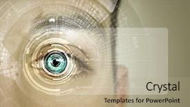  Presentation with recognition - Colorful PPT layouts enhanced with up of male eye scan backdrop and a mint green colored foreground