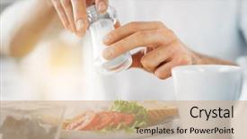  Presentation with salt food - Audience pleasing PPT layouts consisting of up of male hands seasoning backdrop and a coral colored foreground