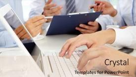  Presentation with laptop - PPT theme consisting of up of male hands typing background and a lemonade colored foreground