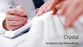  Presentation with notepad - Beautiful PPT theme featuring up of male hands writing backdrop and a light gray colored foreground