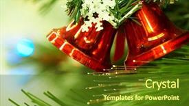  Presentation with spruce - Theme consisting of close-up of red toy bells hanging on green spruce branch decorated with paper snowflake background and a tawny brown colored foreground