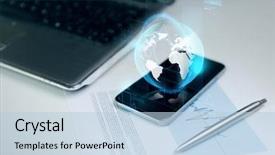  Presentation with business laptop globe - Colorful PPT layouts enhanced with up of smartphone with earth backdrop and a light blue colored foreground