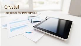  Presentation with eyeglasses - PPT theme enhanced with business objects and technology concept background and a sky blue colored foreground