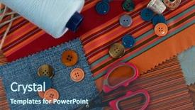  Presentation with close up of cinnamon roll - Colorful theme enhanced with up of textile thread rolls backdrop and a ocean colored foreground