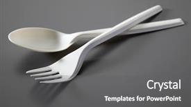  Presentation with spoon - Cool new PPT layouts with up of the plastic fork backdrop and a gray colored foreground