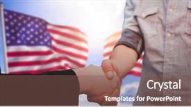  Presentation with shaking hands - Slide deck having up of the us flag background and a violet colored foreground