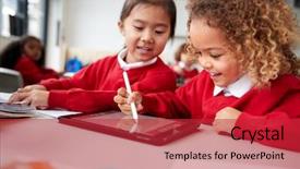  Presentation with school computer labs - Cool new PPT layouts with up of two kindergarten schoolgirl backdrop and a red colored foreground